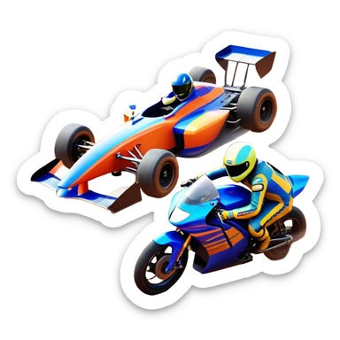 A sleek racing car and motorcycle speeding on a track, leaving a trail of dust behind. The scene captures the thrill of high-speed competition, with blurred motion and vibrant colors, highlighting the dynamic energy of motorsport. sticker