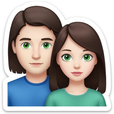 pink polaroid photo of a couple thats white with long brunette hair blue eyes and a white guy with short brunette hair and green eyes sticker