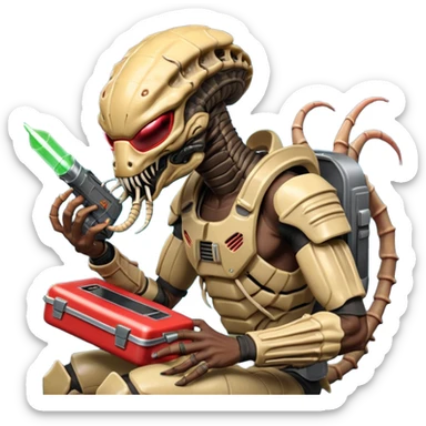 The Predator, as in the 1987 movie, with full armor, shoulder laser gun and mask eating an Alien facehugger from a lunchbox, the setting should be dark and sci-fi. sticker