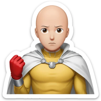 Saitama from One Punch Man, bald head, blank expression, yellow hero suit with white cape, red gloves sticker