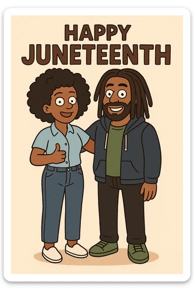 A woman Kinky hair light blue shirt blue jeans white shoes boy Dreadlocks dark brown hair green shuts navy blue zip up hoodie black jeans green shoes Bob Marley Vanessa Nakate Mae Jemison Happy JUNETEENTH sticker