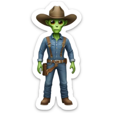 realistic alien wearing a cowboy hat and overalls sticker
