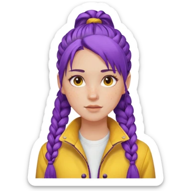 a beautiful girl face, long purple high pony braided hair from the forehead, wearing a white shirt and a yellow jacket sticker