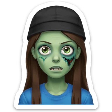 zombie woman, very long straight brown hair, blue eyes, green skin, black t-shirt, black backwards cap  sticker