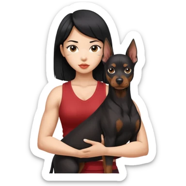 A medium black hair Asian girl holding a Doberman sticker