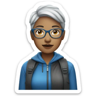 Woman with short gray hair and blue rimed glasses in the rain sticker