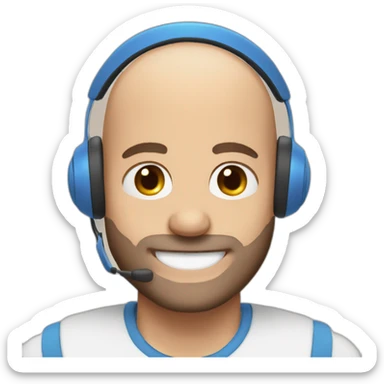 bald man smiling with reddish patchy beard blue eyes wearing a headset sticker
