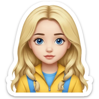 Sabrina Carpenter blue eyes, long blonde hair, yellow outfit sticker