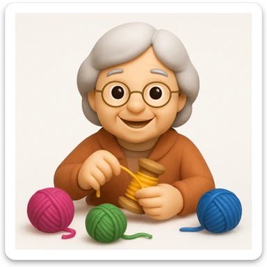 A 3D emoji in iOS emoji aesthetic style of an elderly woman winding thread onto a spool with both hands, smiling warmly, surrounded by colorful yarns, soft lighting, clean white background, cozy and cheerful design sticker