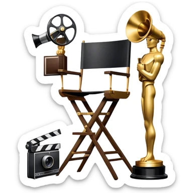 Professional icon for Directing: a collage featuring a director's chair, a film camera, a megaphone and an Oscar trophy. The icon should represent the craft and creativity of film directing, with emphasis on leadership and cinematic artistry. Transparent background. sticker