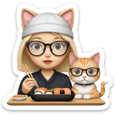 cute girl cat with really big square glasses with super thin frames eating sushi with a boy cat wearing a san antonio spurs cap sticker