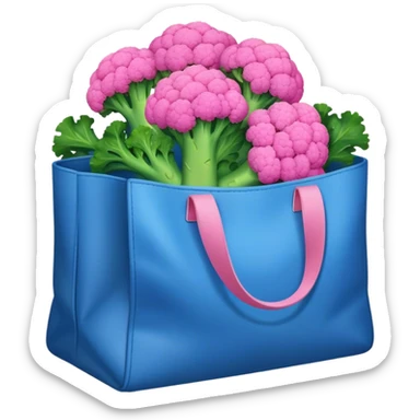 A blue bag full of brocoli that's colored pink sticker