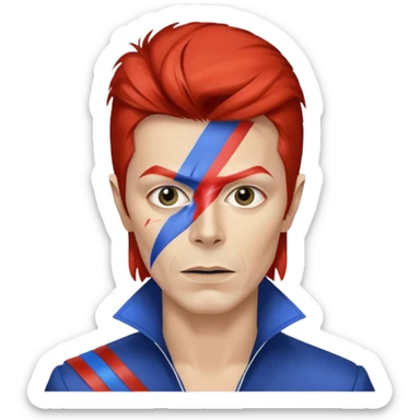 A male rockstar wearing Ebay brand colours and David Bowie face paint sticker