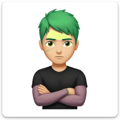 a man with his arms crossed over his chest, green hair, and serious eyes sticker