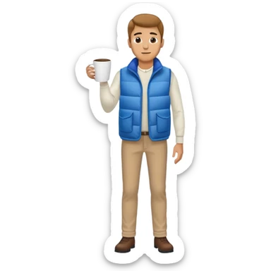 full length man with white long sleeve shirt and blue puffy winter vest WITH NO POCKETS holding a coffee mug in front of him and nothing in his other hand sticker