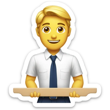 A man with white shirt navy blue tie raising a board sticker