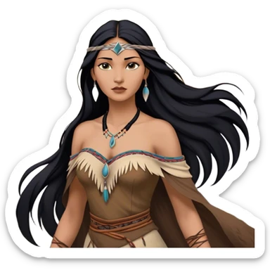 Cinematic Realistic Pocahontas Portrait, depicted with lifelike skin texture, soft natural lighting, and intricately detailed long, flowing raven-black hair that moves gracefully in the wind. Her deep, soulful dark brown eyes exude wisdom and strength, complemented by a serene yet powerful expression. She is dressed in her classic one-shoulder native american dress, with rich fabric textures and delicate beaded details that catch the light beautifully. The portrait features a soft, sun-kissed glow with a natural, radiant finish, capturing the essence of untamed beauty and deep connection to nature in a realistic and painterly style, evoking a sense of depth and authenticity. sticker