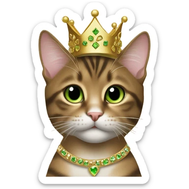 green eyed brown Tabby mixed cat wearing a gold princess crown sticker