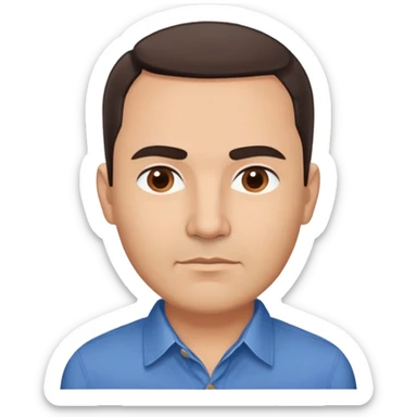 Middle-aged Hispanic man with round face, broad cheekbones, light skin. Warm brown eyes, thick straight eyebrows. Short brown hair combed slightly back with receding hairline. Professional look. Wearing a blue button-down shirt. sticker