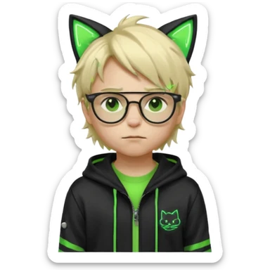 Light blond, slightly messy hair
Black glasses
A black hoodie with cat ears
Neon green details on the jacket and pants (glowing lines and stripes)
An overall hacker / cyberpunk style look
A neutral facial expression (boy eyes brown) sticker