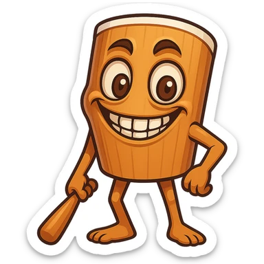 square image of absurd wooden stick-man creature, drum-like cylindrical body, holding baseball bat, cartoon style, bright vivid colors, expressive face, dynamic pose, a bit creepy yet funny,  sticker