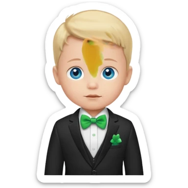 baby boy blue eyes, in suit, with green bow sticker