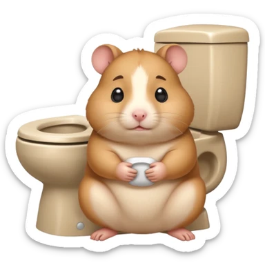 Cute chubby cartoon-style hamster sitting on toilet pooping looking as if he had an accident sticker