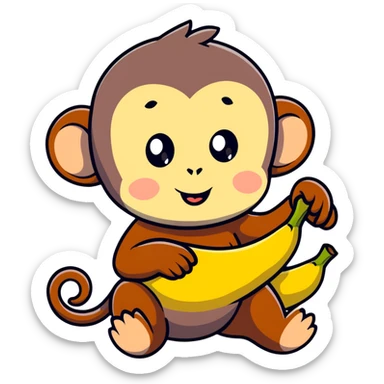 adorable baby monkey carefully peeling a banana sticker