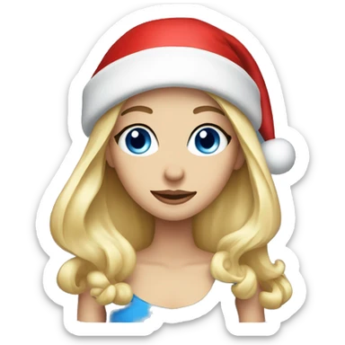 Beautiful blonde blue eyed woman, wearing red santa hat sticker