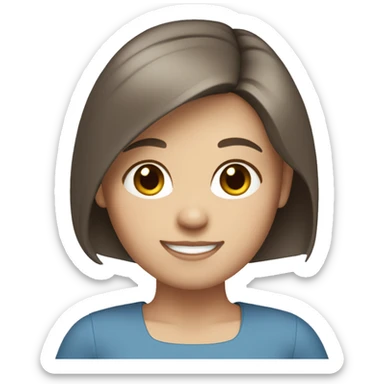a girl with straight short brown hair, white skin, gray eyes, in a blue blouse is smiling sticker