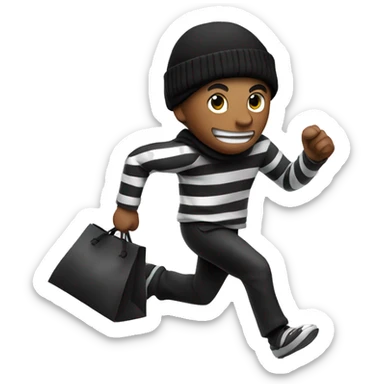 Thief running to the right with a bag of money behind him and wearing a black beanie and  black and white striped clothes  sticker
