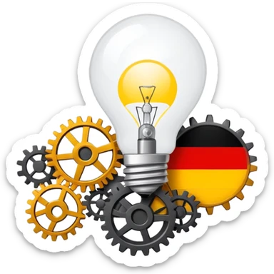single emoji symbolizing German modernization in the 1970s with gears, lightbulb, and a small German flag, minimal details sticker
