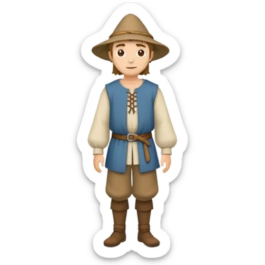Full body of medieval peasant commoner in simple cloth clothing and hat sticker