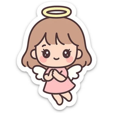 chibi style brown haired girl with bangs and big lashes, angel wings, floating with a halo, cute and innocent look sticker