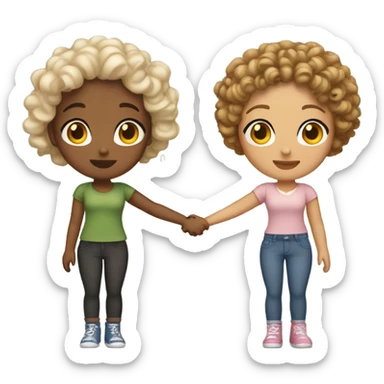 Full body, Two girls holding hands light skin  one  with a curly bun and one  with curly hair sticker