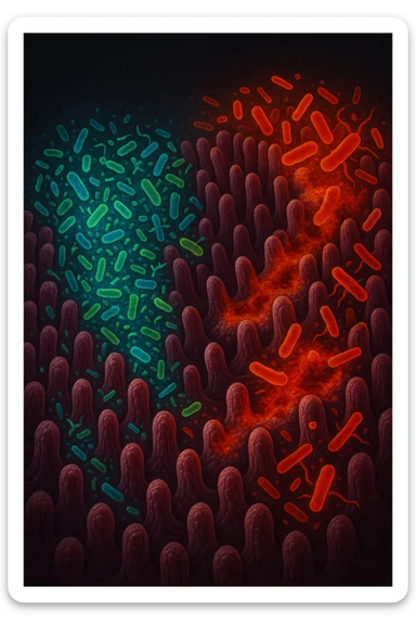Scientific visualization of a man's intestinal lining. A healthy, diverse garden of glowing blue and green probiotic bacteria is being overtaken and outnumbered by aggressive, inflammatory red and orange pathogenic bacteria, creating patches of damage and imbalance. Dark, clinical background. sticker