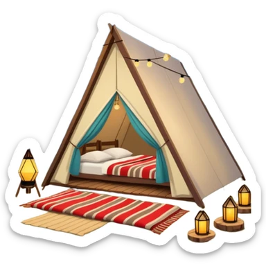 A-Frame house in a glamping setting, with string lights and cozy details sticker