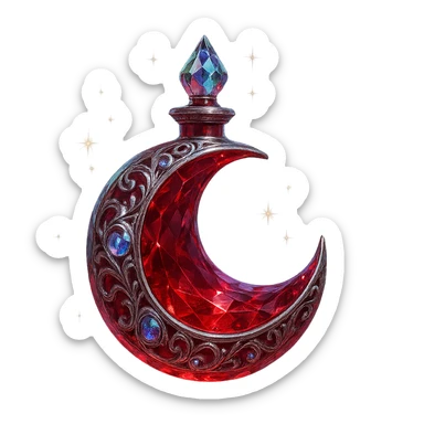 luxurious crystal elixir bottle in red moon shape, mysterious and mystical, deep red color, ornate silver and iridescent details, magical glowing and sparkling effects, very small neck, seamless bottom, transparent background, bottle clearly floating in air, no base or shadow, modern, collection style sticker