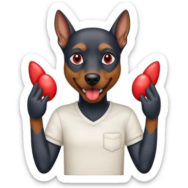 Generate a emoji of a big evil doberman dog with red eyes and a tongue sticking out, give the doberman a human body with a white shirt and baggy jeans sticker