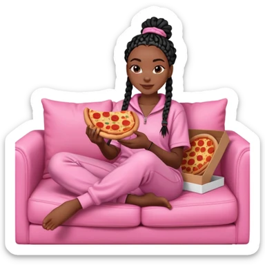A dark-brown-skinned Black woman with black box braids, sitting on a pink couch, holding an open pizza box.She’s wearing comfy loungewear, looking relaxed and enjoying her food. sticker