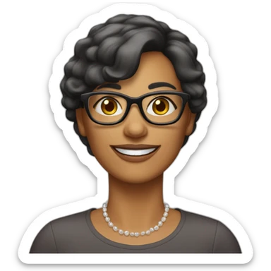 femme 55 ans cheveux noirs très courts et lisses lunettes yeux bruns souriante peau claire sticker