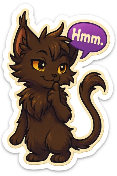 a dark-brown fluffy cute kawaii anthropomorphic furry anime cat-furry with tufted ears, golden eyes, and a long thin tufted tail, thinking, smirking thoughtfully, saying “Hmm..” with a purple speech bubble, (cartoon style) (cute anime style) (furry style) (deviantArt style) (artist style: Kamirah) sticker