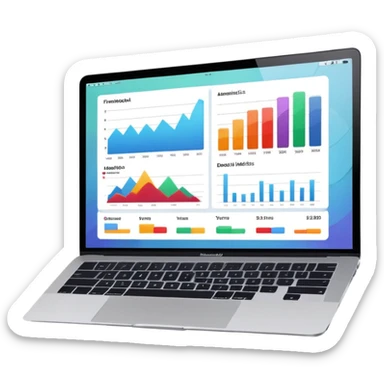 Create a macbook displaying financial analytics dashboards on the screen. sticker