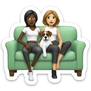 Two women with white boxer on couch sticker