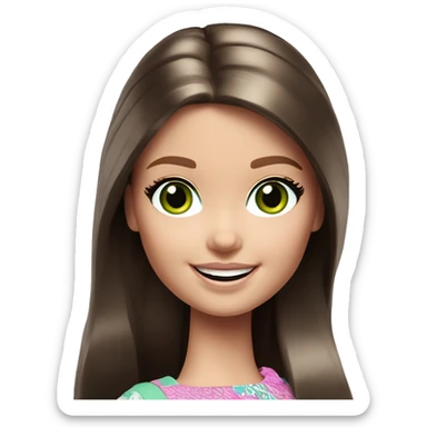 cheerful girl barbie long dark brown hair green eyes sticker