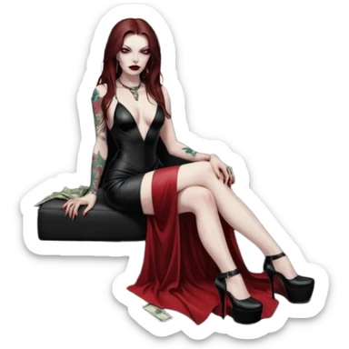 Lilith symbol red eye seductress evil long brown haired sexy succubus woman with leather long dress with slit, sitting in Big Large F350 pickup truck. Black Platform high heels on feet. Tattoo sleeve arms, seat full of stacks of cash, and a man dead human skull of her enemies and a gun in other hand sticker