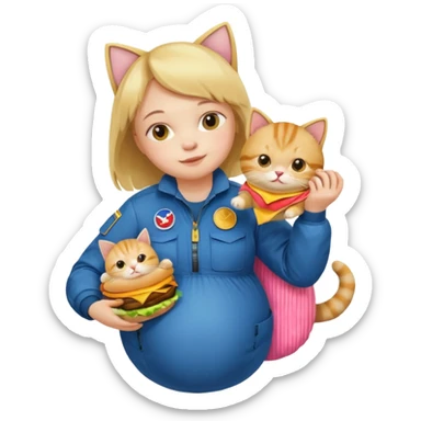 Pregnant person with downsyndrome flying on a cat while eating a cheese burger sticker