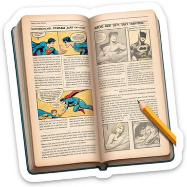 Create a detailed emoji representing the process of writing texts for comic books. The design should feature a large, open comic book with vintage comic strips visible on its pages. A pencil should be shown writing text on one of the comic panels, but without a hand. The pencil should appear as though it is actively creating the dialogue or narration. Use a classic color palette with muted tones for the comic book and brighter accents on the pencil to draw attention to the writing process. Do not include any emojis or smiley faces. Make the background transparent. sticker