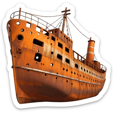 rusted ship wreck, heavily corroded metal hull, orange-brown rust textures, abandoned old ship, weathered surface, dramatic lighting, cinematic atmosphere, 3D cartoon style, mobile game environment art, clean composition, no people, no text, no watermark
 sticker