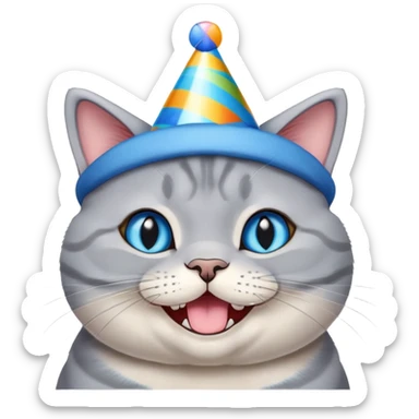 Happy British shorthair blue cat with a big smile wearing a colorful birthday hat sticker